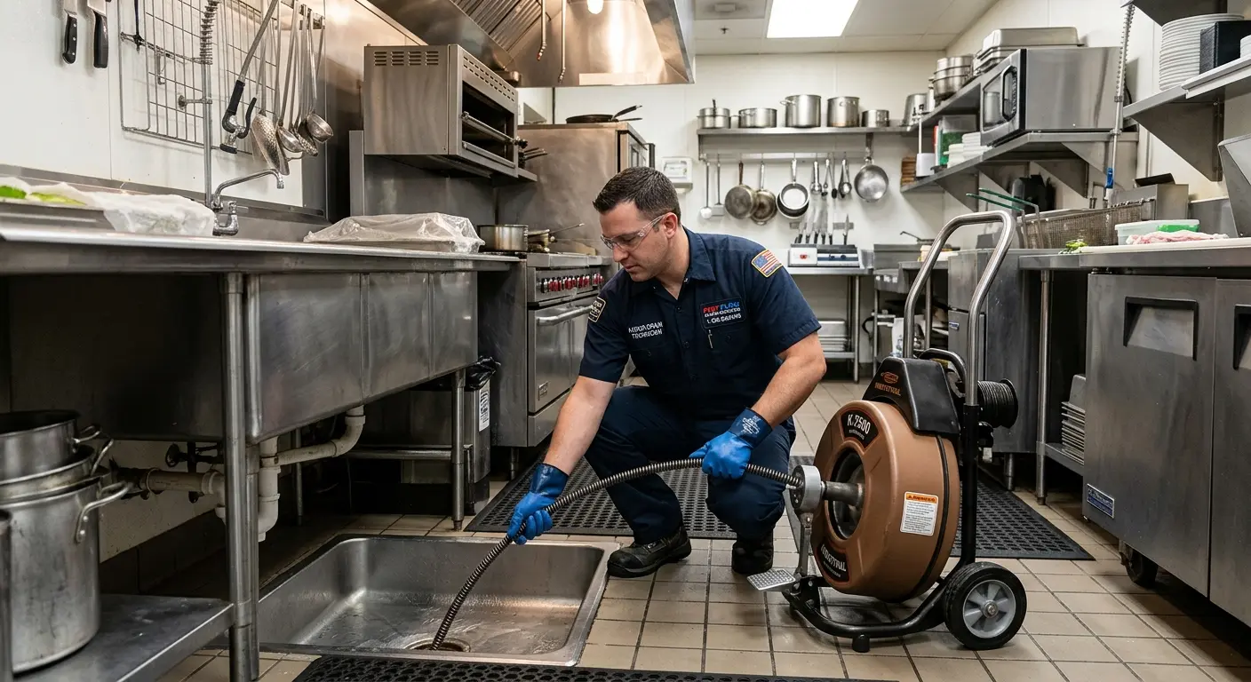Commercial drain cleaning service in a restaurant kitchen in West Fargo