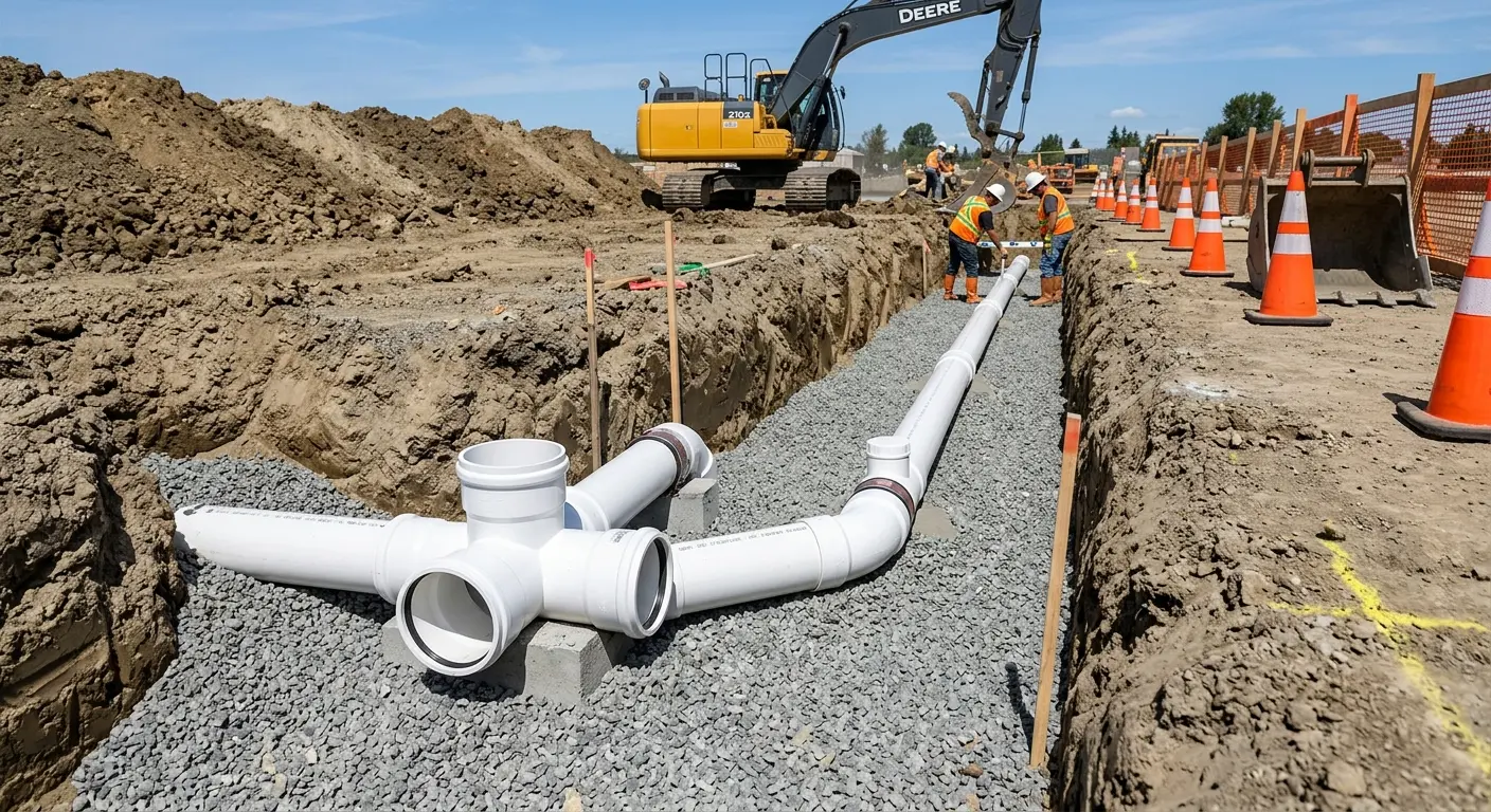 New PVC sewer pipe installation in open trench for Commercial Drain Cleaning in West Fargo