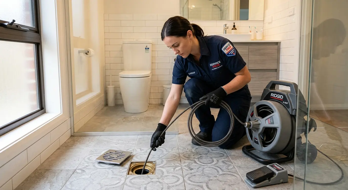 Technician clearing a bathroom floor drain for Drain Cleaning in West Fargo